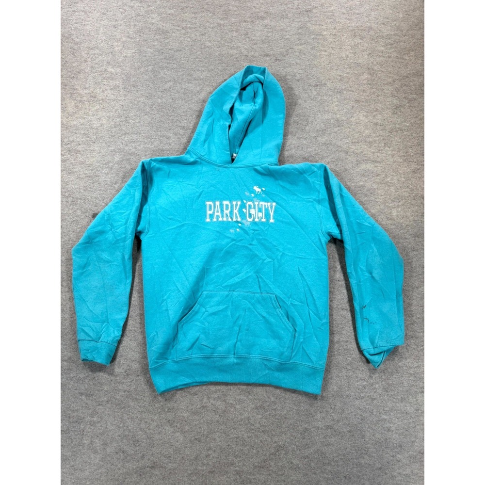 Park City Hoodie Women Aqua Blue Graphic Print Kangaroo Pocket Pullover M